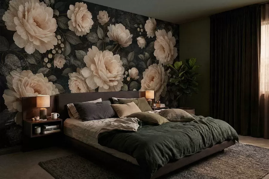 wall murals Voluminous flowers in beige palette on a dark background w05114