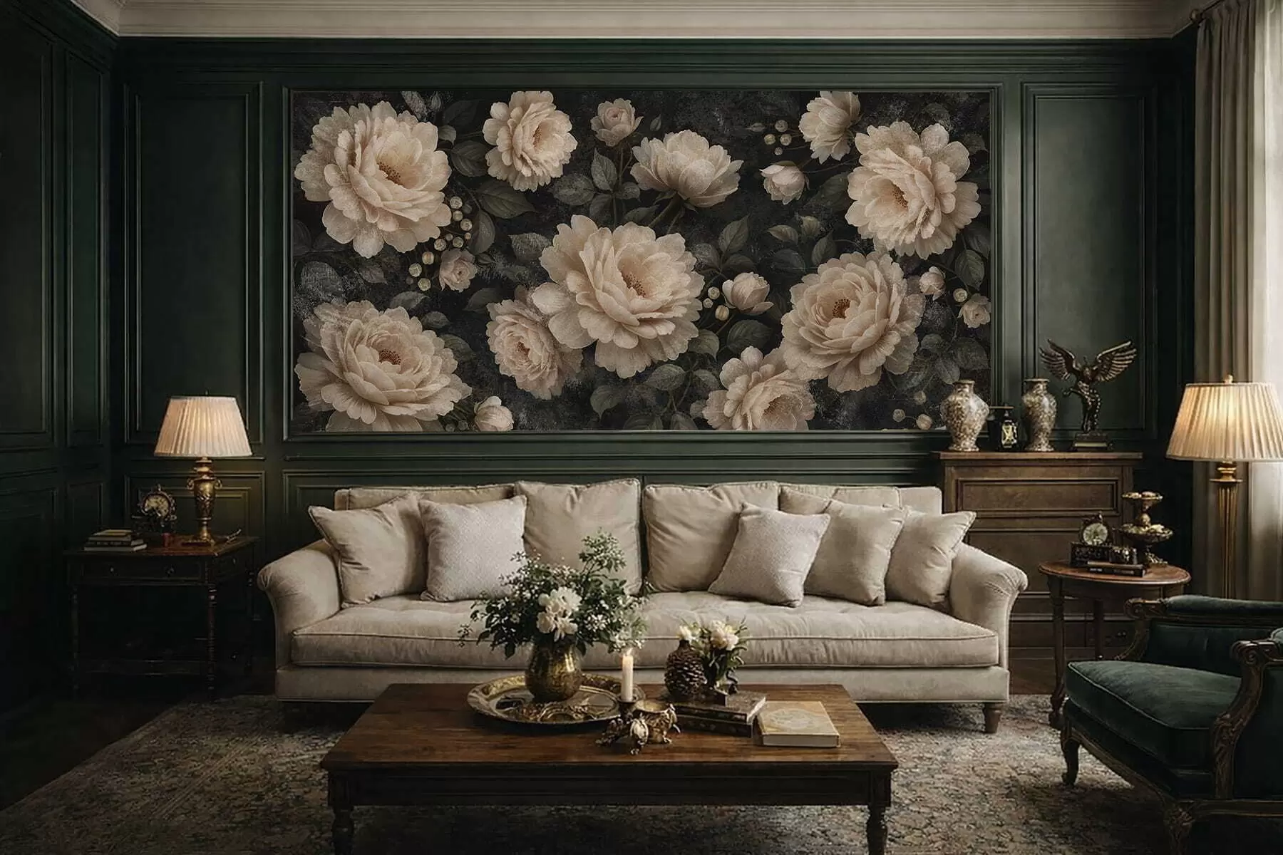 wall murals Voluminous flowers in beige palette on a dark background w05114