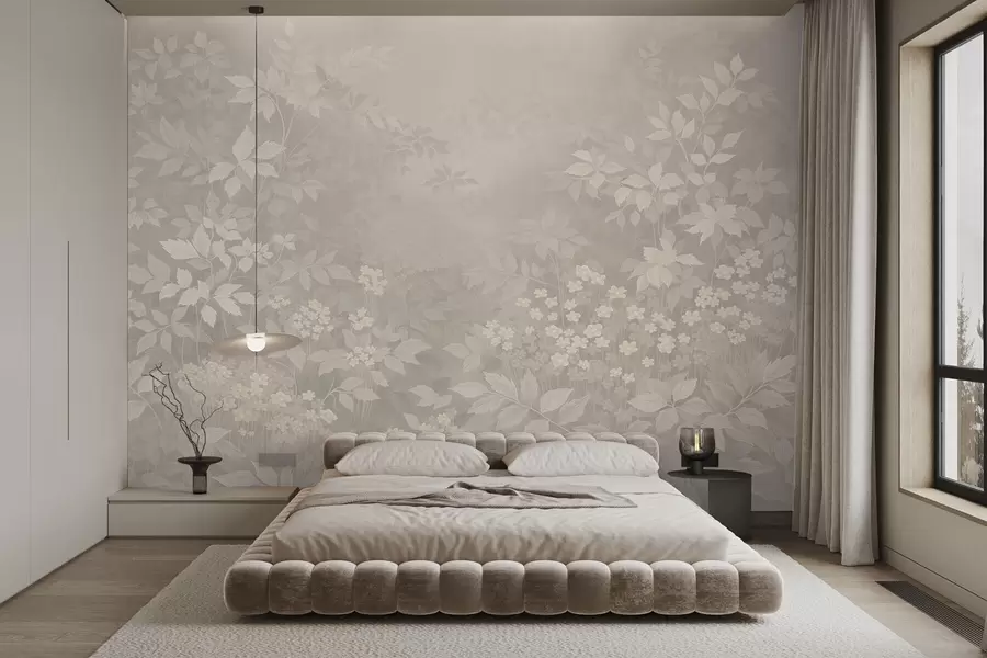 wall murals Soft botanical pattern with leaves and flowers in mist w05115v1