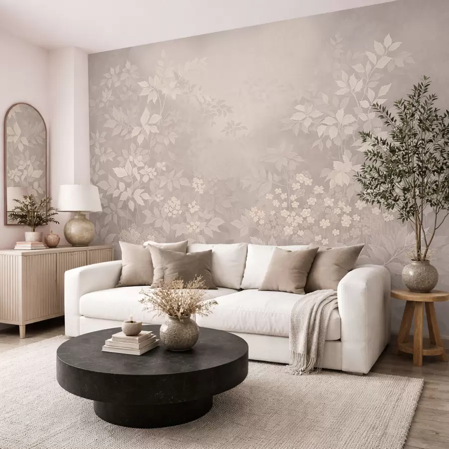 wall murals Light botanical ornament with leaves and small flowers w05115