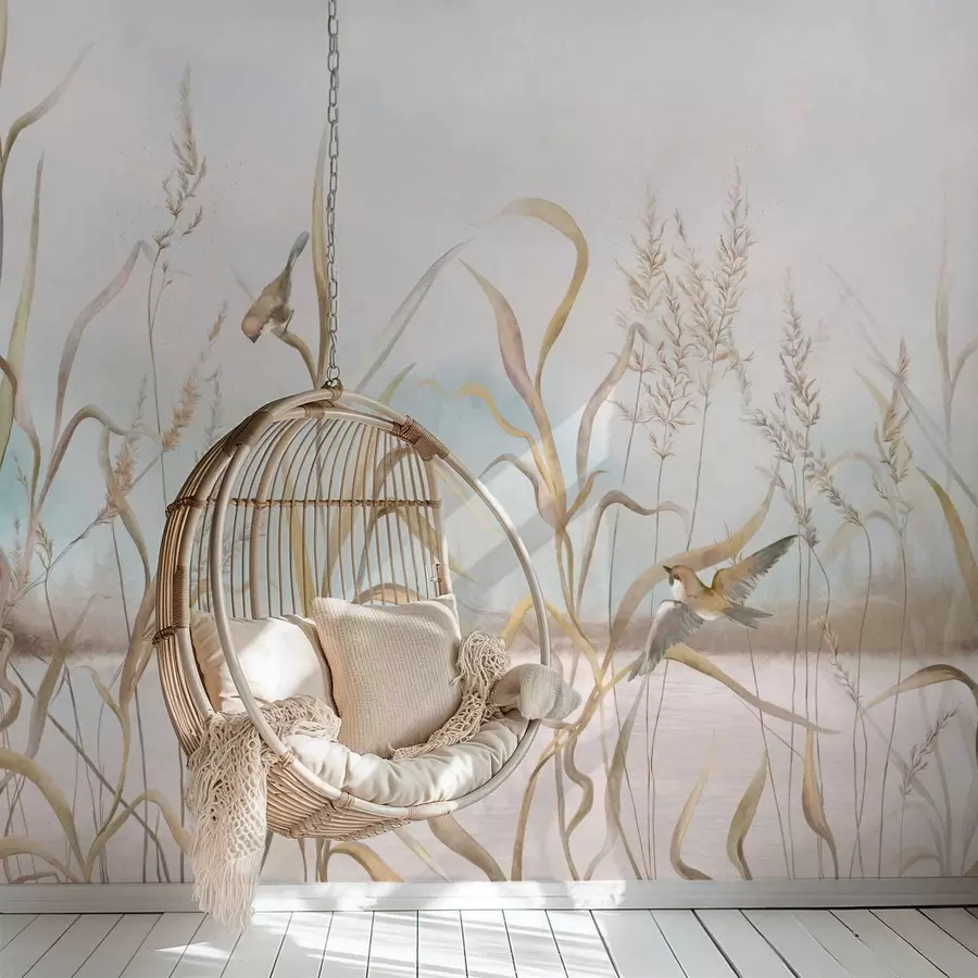 wall murals Illustration of reeds and birds by water in soft tones w05125