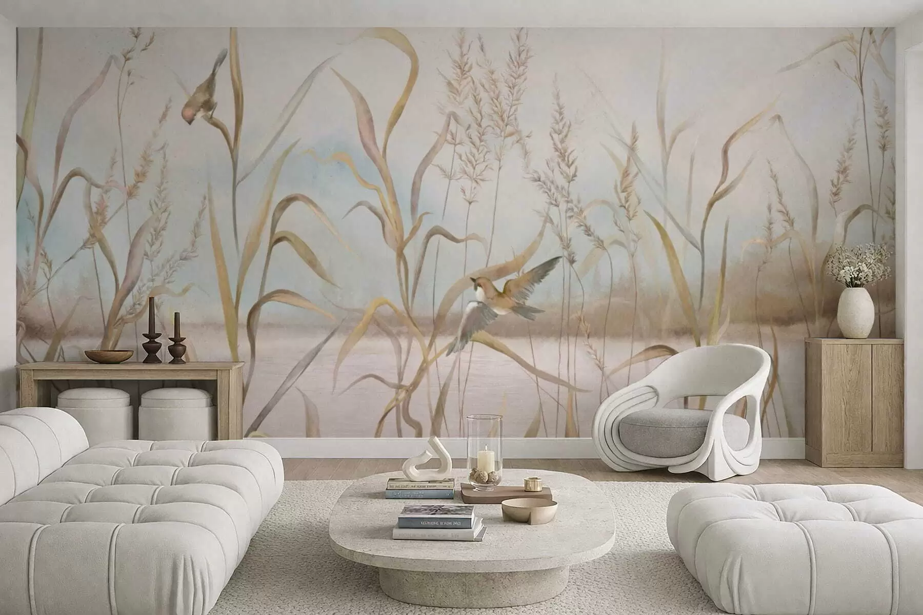 wall murals Illustration of reeds and birds by water in soft tones w05125