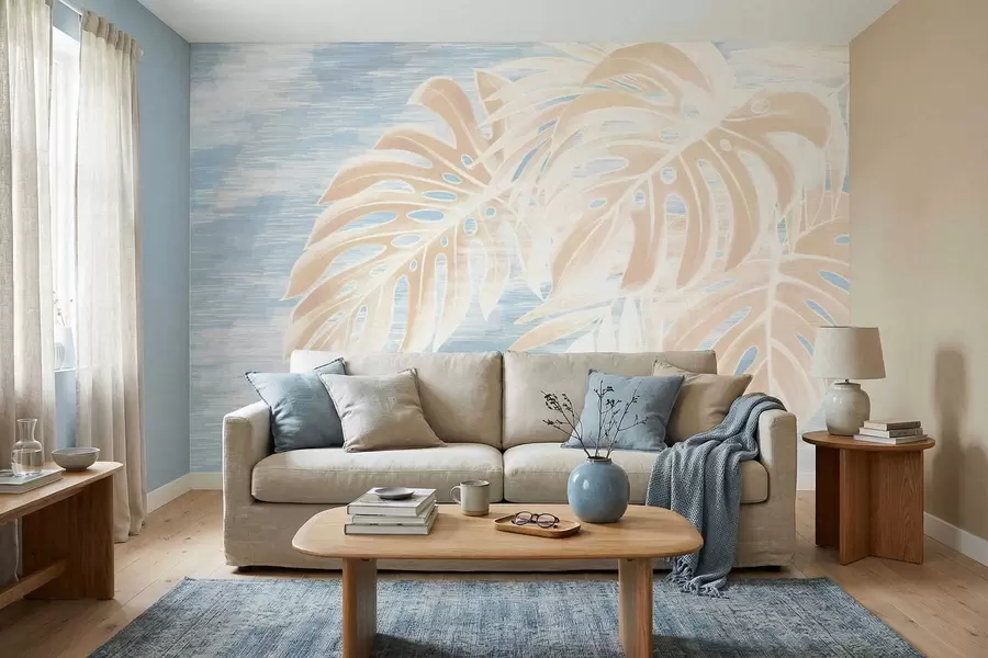 wall murals Abstract leaves in warm beige tones on a light background w05130