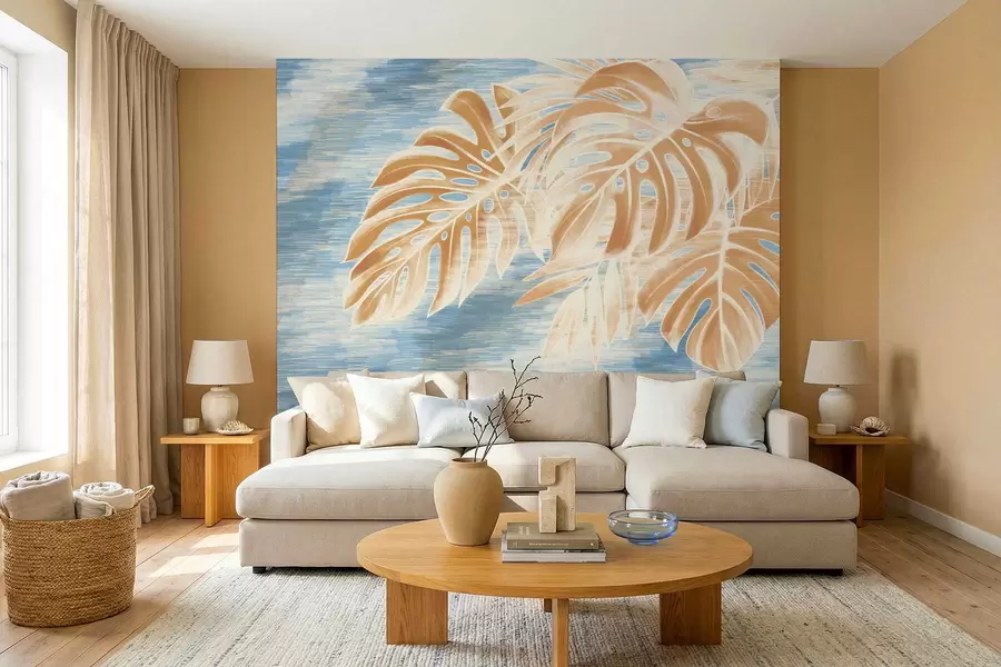 wall murals Leaves in light sandy tones on a blue background w05130v1
