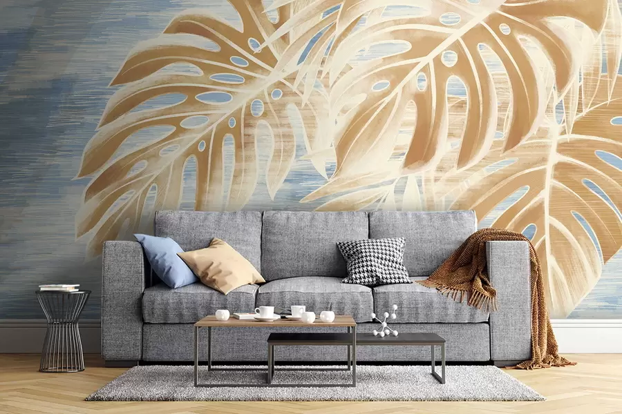 wall murals Leaves in light sandy tones on a blue background w05130v1