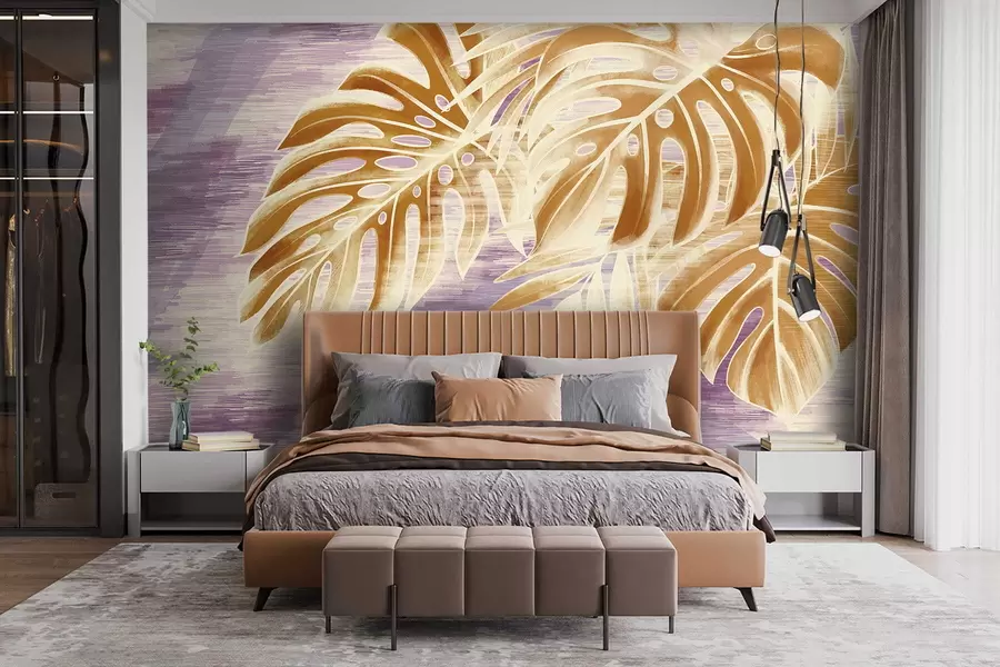 wall murals Leaves in warm orange tones on a purple background w05130v2