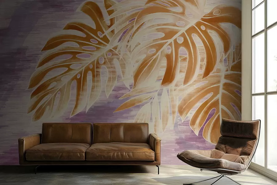 wall murals Leaves in warm orange tones on a purple background w05130v2