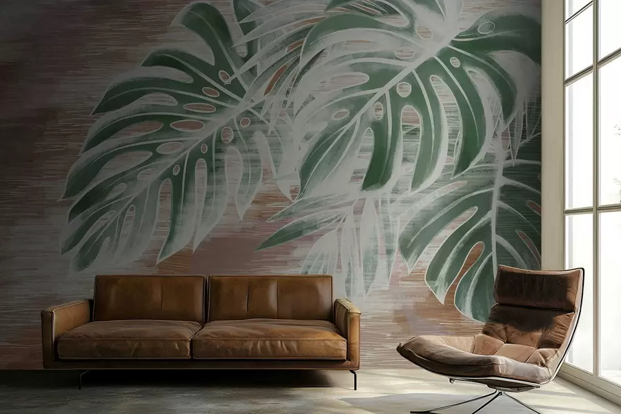 wall murals Green leaves on a warm textured abstract base w05130v3