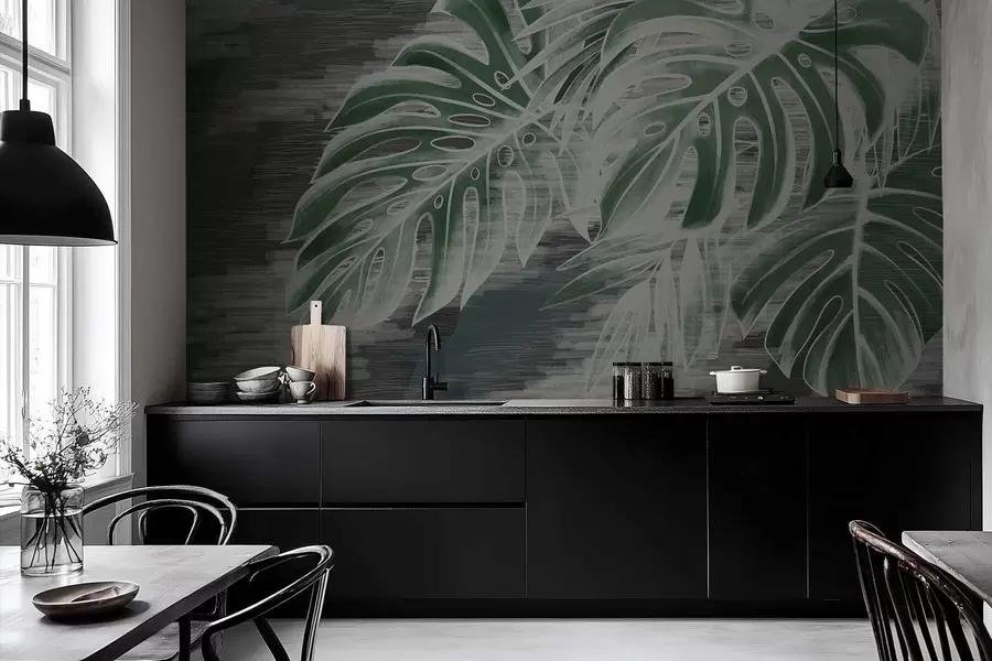 wall murals Dark green leaves on a textured dark background w05130v4