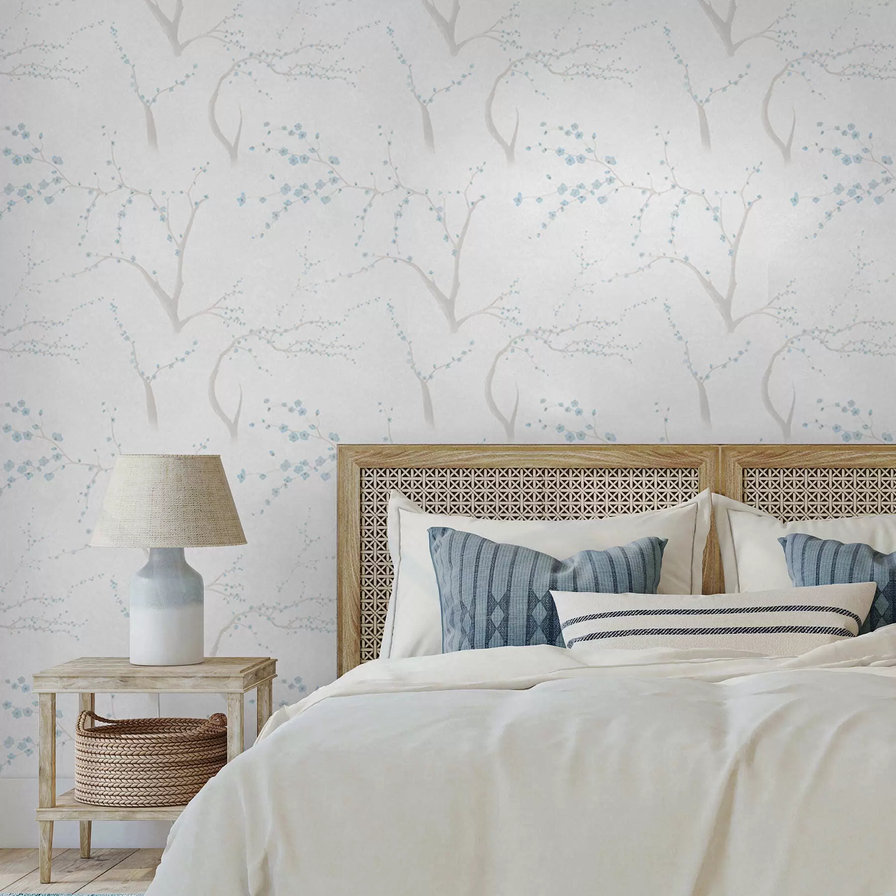 wall murals Light branches with blue blossoms a01111