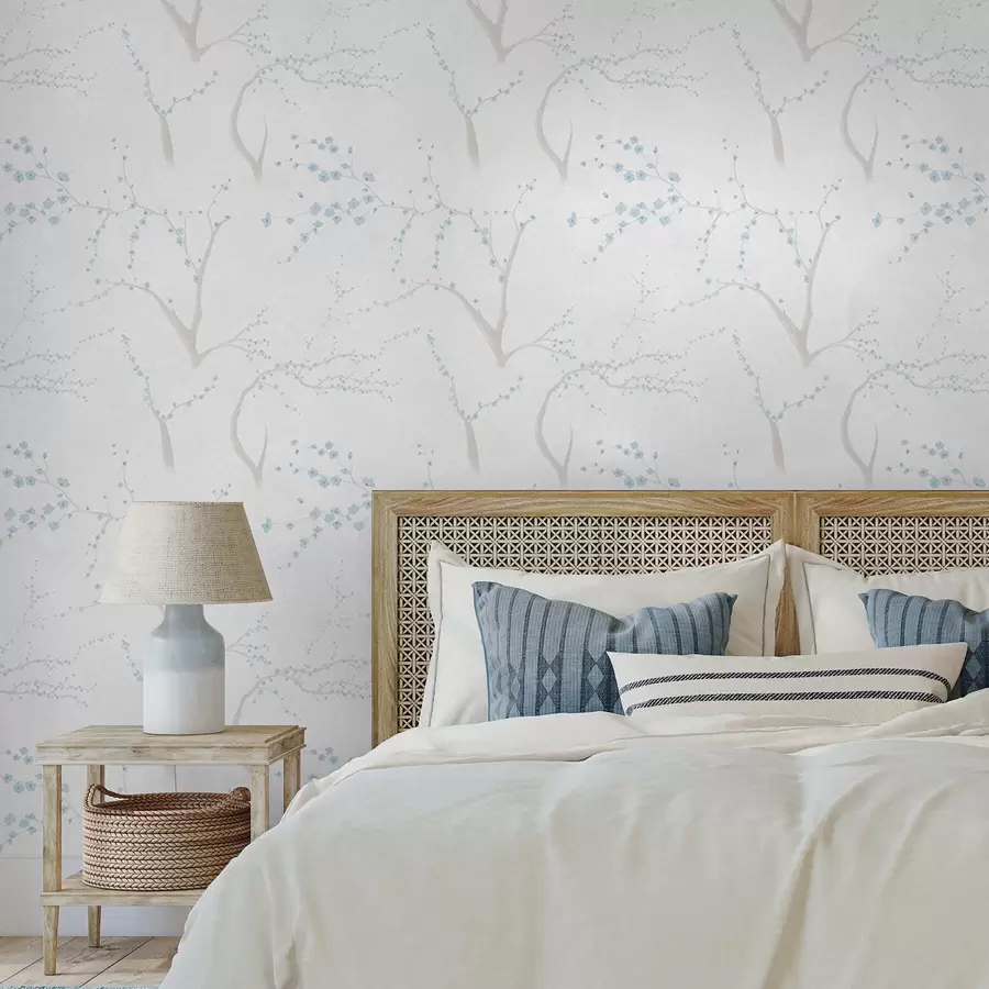 wall murals Light branches with blue blossoms a01111