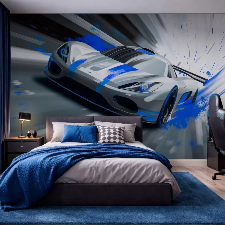 wall murals dynamic sports car in digital drawing style with blue accents w05069