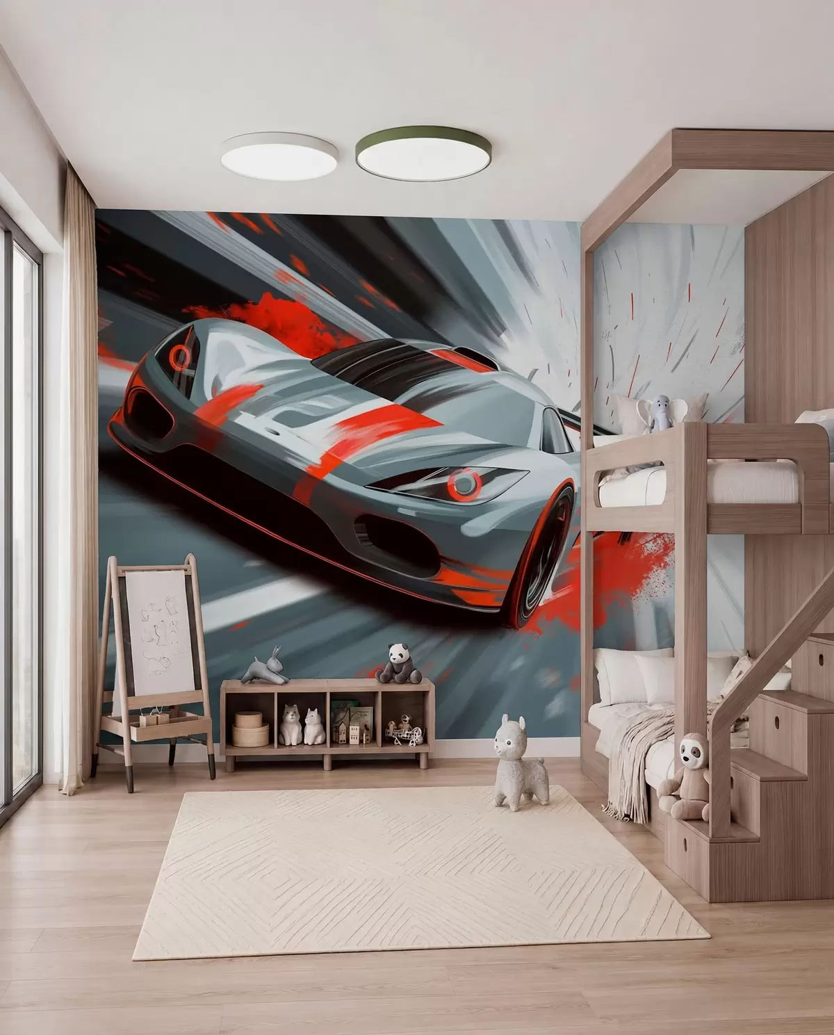 wall murals dynamic sports car in digital drawing style with red accents w05069v1
