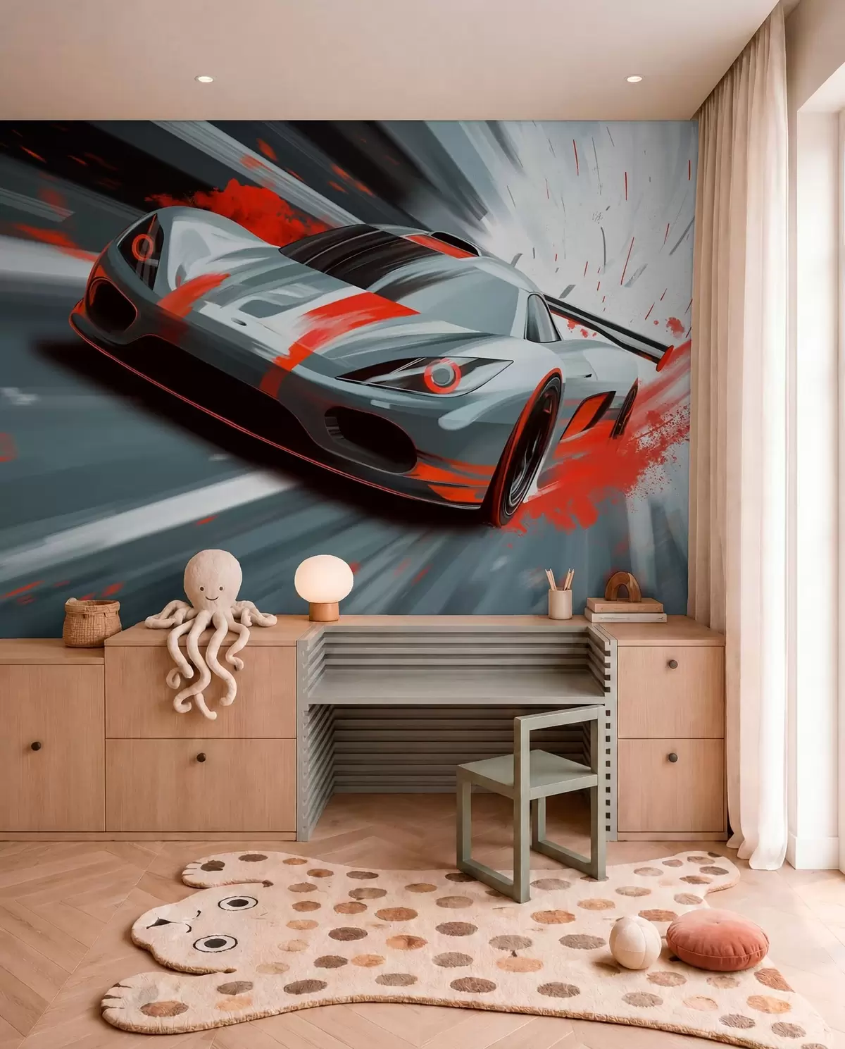 wall murals dynamic sports car in digital drawing style with red accents w05069v1