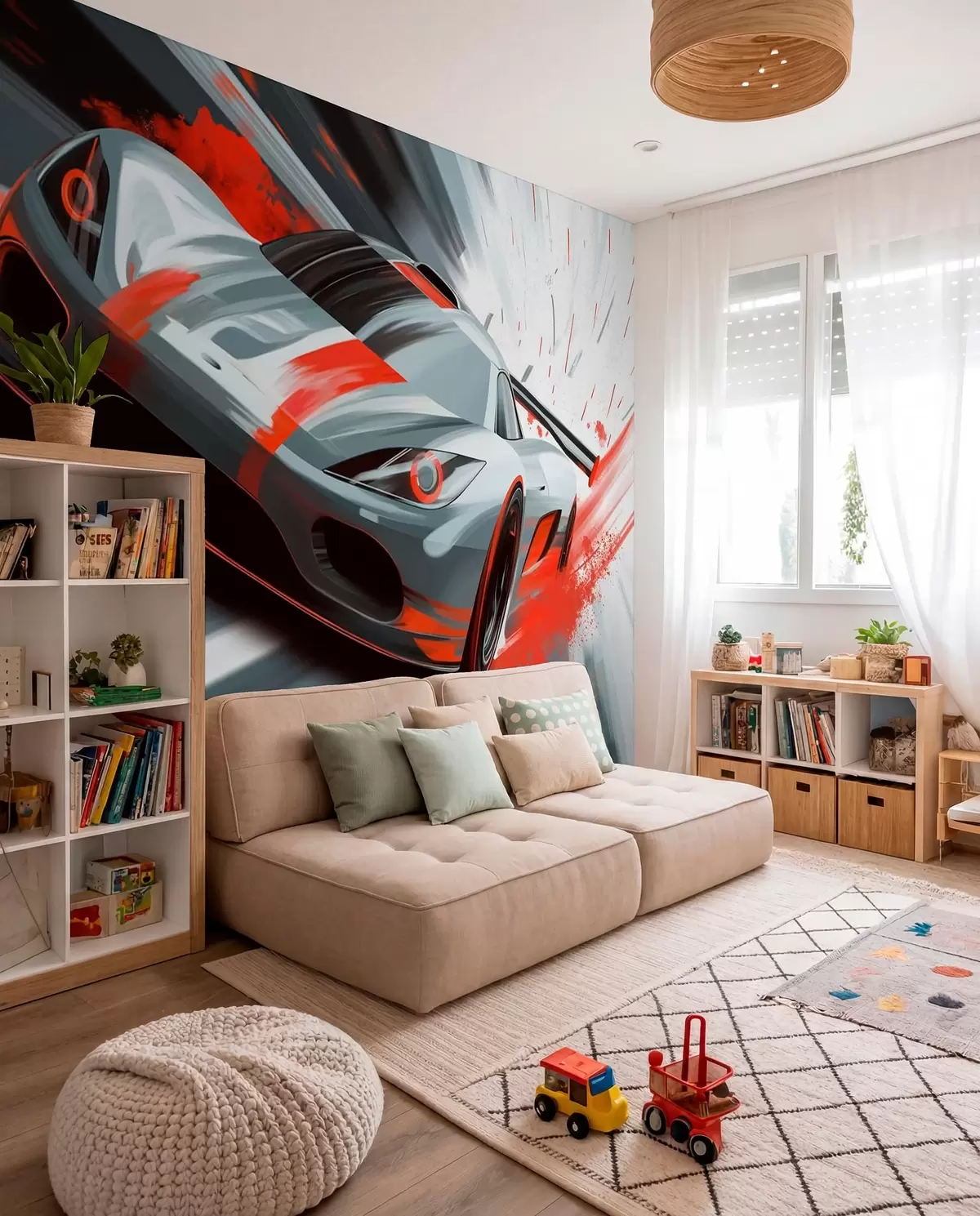 wall murals dynamic sports car in digital drawing style with red accents w05069v1