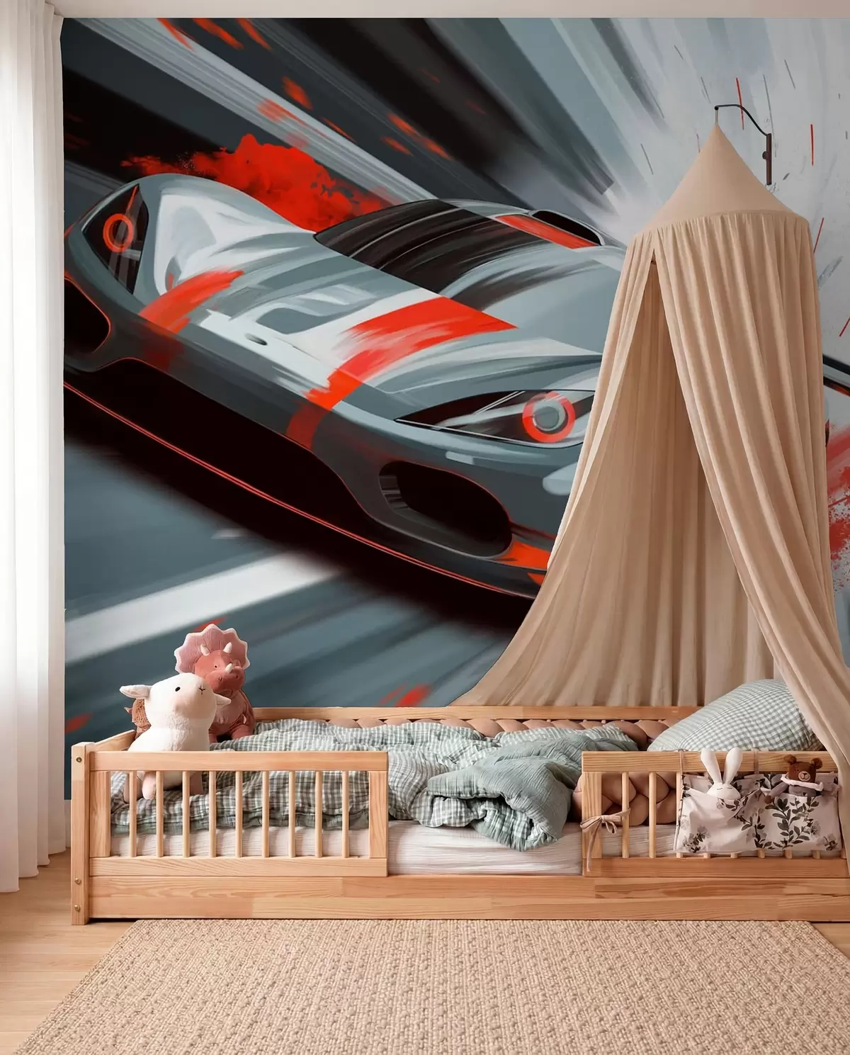 wall murals dynamic sports car in digital drawing style with red accents w05069v1