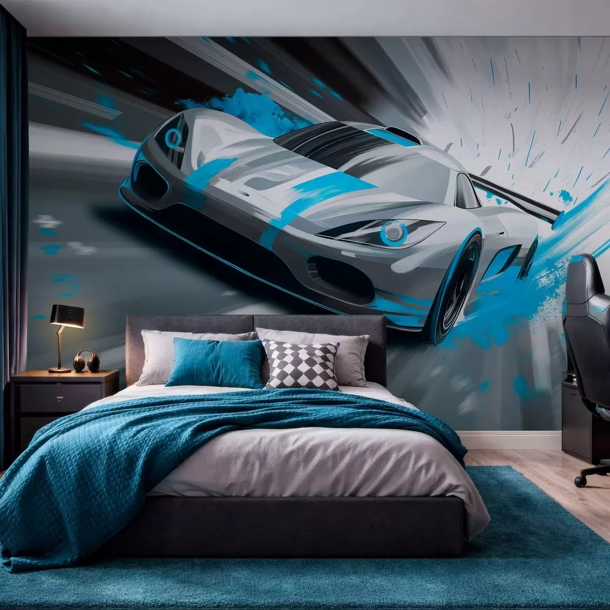 wall murals dynamic sports car in digital drawing style with turquoise accents w05069v3