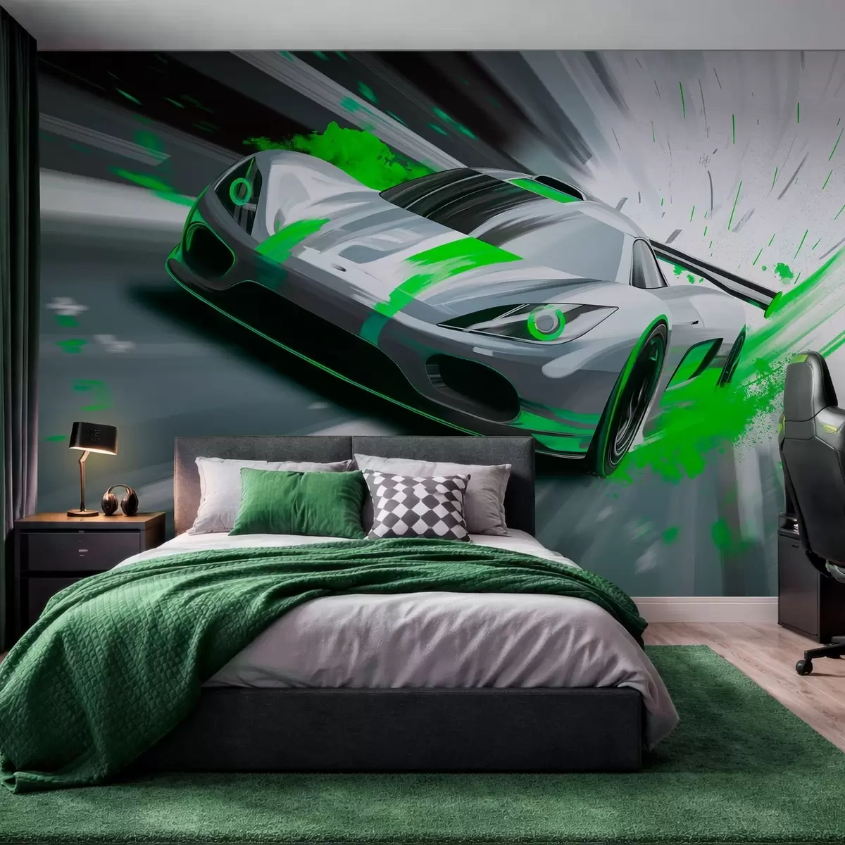 wall murals dynamic sports car in digital drawing style with green accents w05069v4