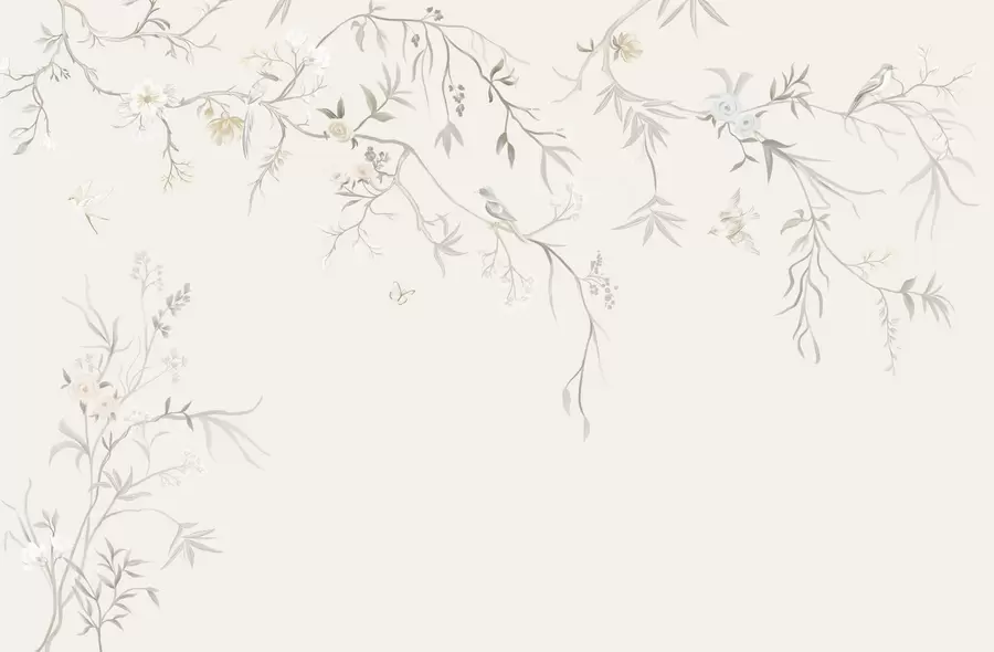 wall murals Delicate flowers and birds on a chalk background w05127