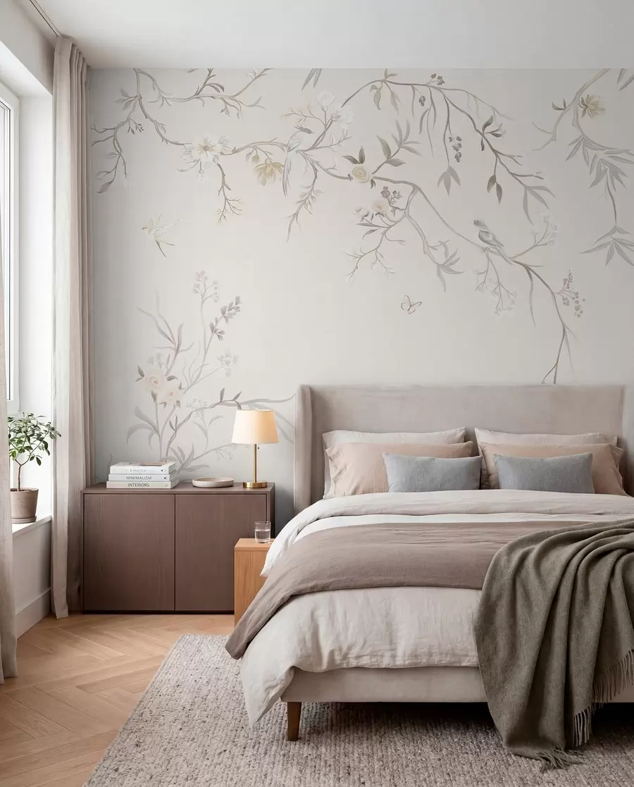 wall murals Delicate flowers and birds on a chalk background w05127