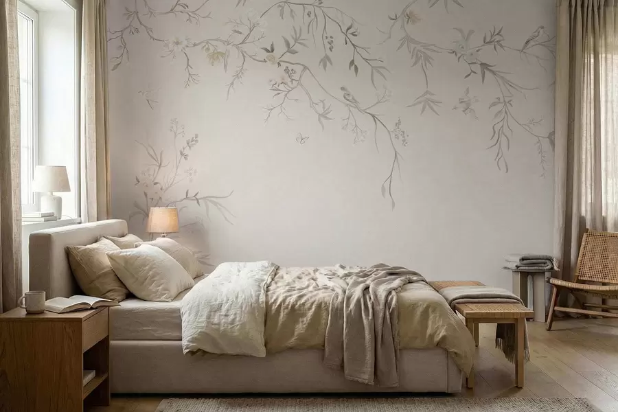 wall murals Delicate flowers and birds on a chalk background w05127