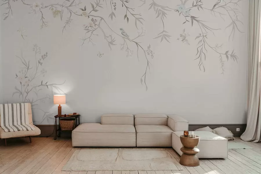 wall murals Delicate flowers and birds on a chalk background w05127