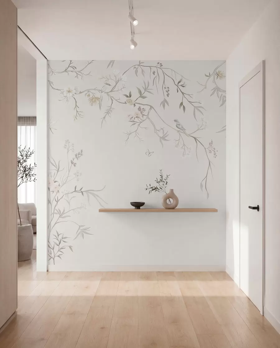 wall murals Delicate flowers and birds on a chalk background w05127