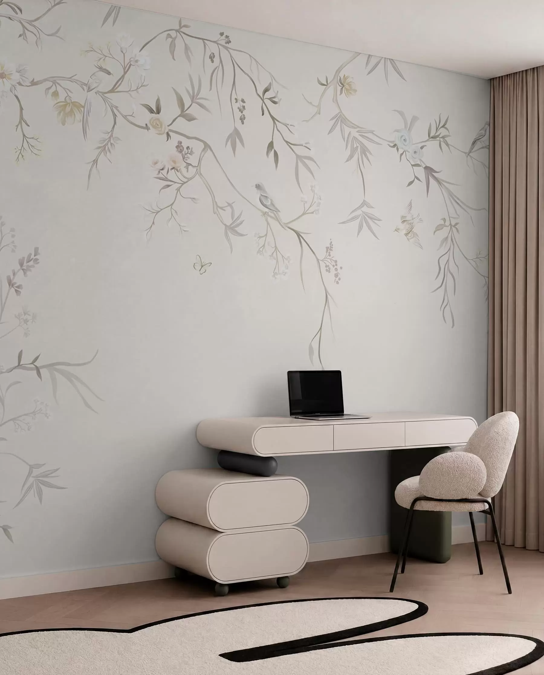wall murals Delicate flowers and birds on a chalk background w05127