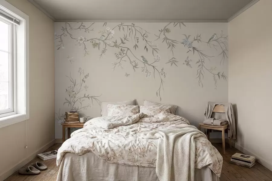 wall murals Floral branches with birds on warm beige background w05127v1