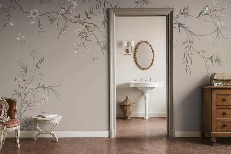 wall murals Floral ornament with birds on neutral background w05127v3