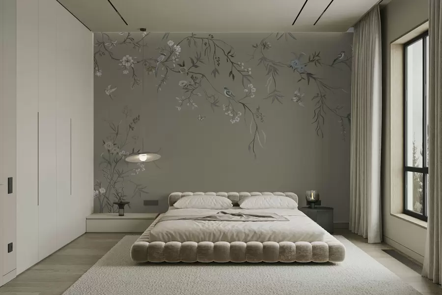 wall murals Floral motif with birds on gray background w05127v4