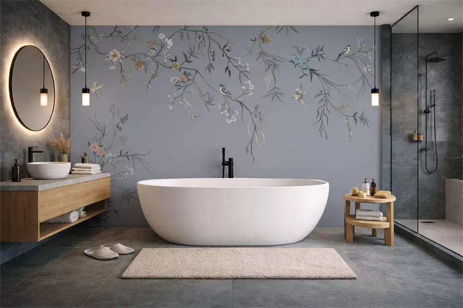 wall murals Floral branches with birds on greenish background w05127v5