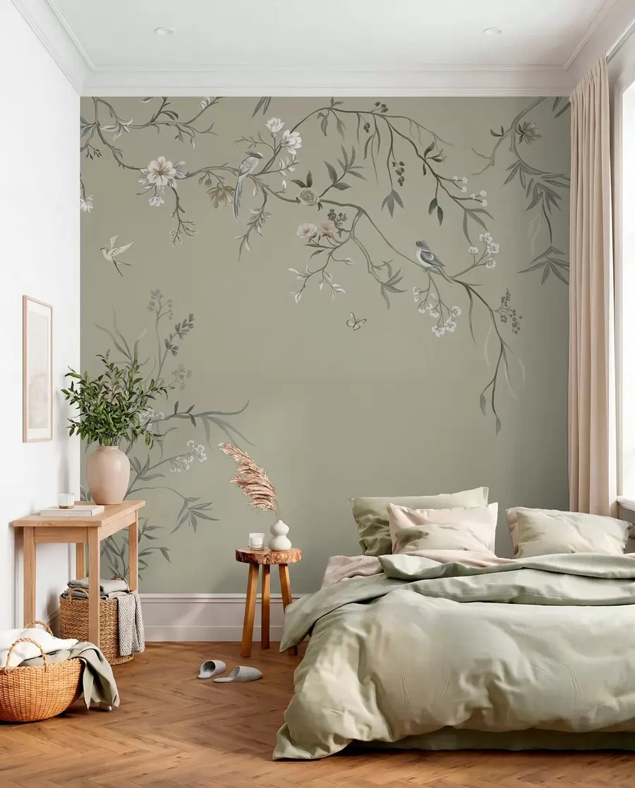 wall murals Floral pattern with birds on cool background w05127v6