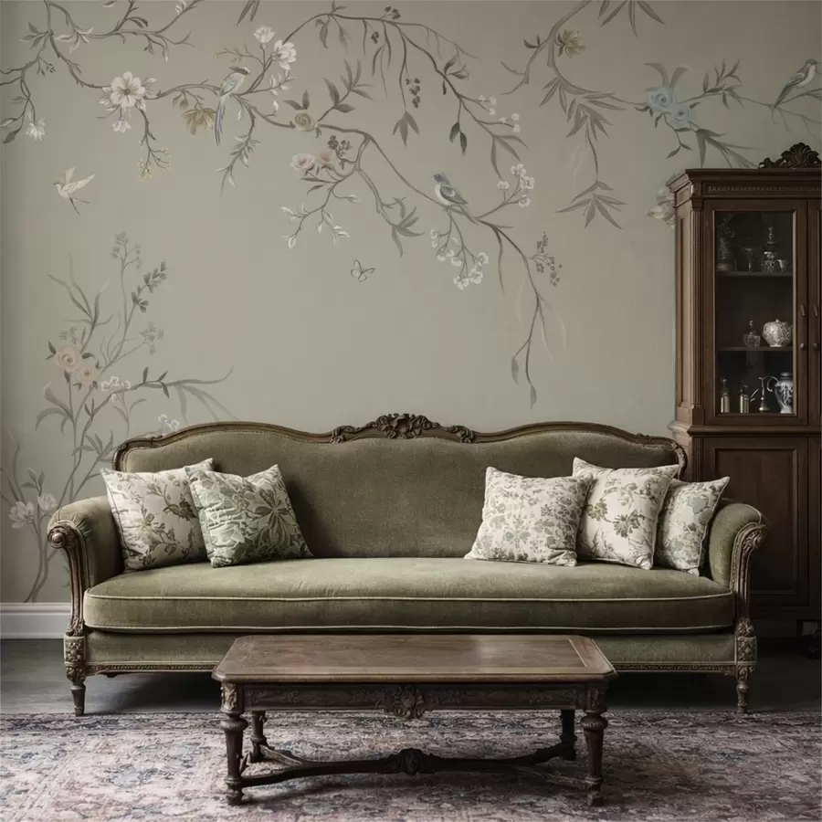 wall murals Floral pattern with birds on cool background w05127v6