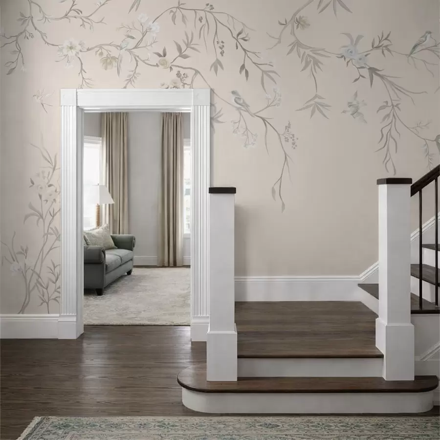 wall murals Floral branches with birds on a light background w05127v7