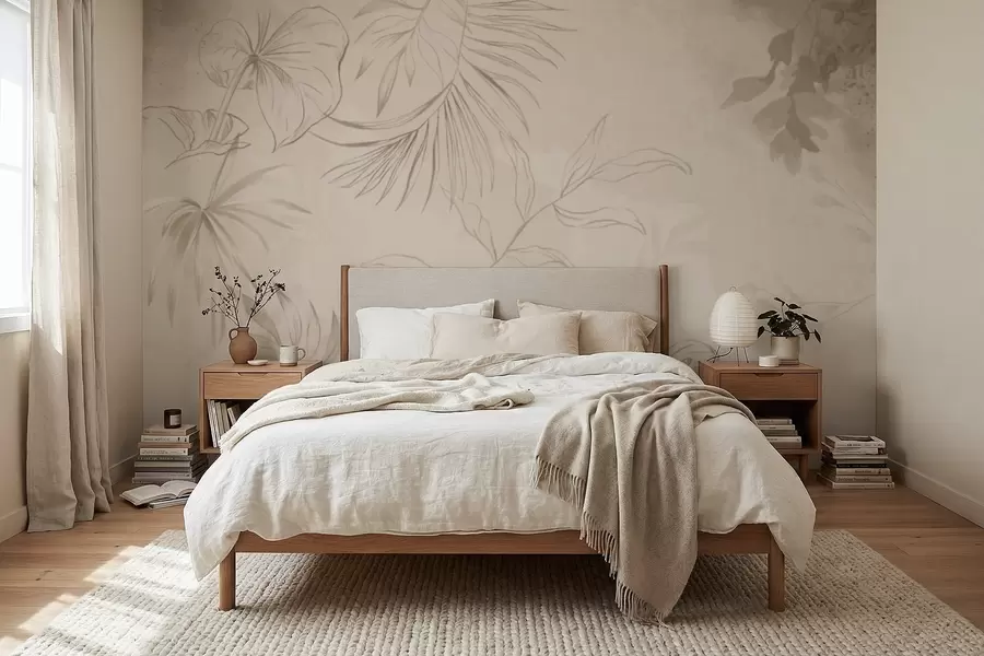 wall murals Linear plants on textured beige background w05128