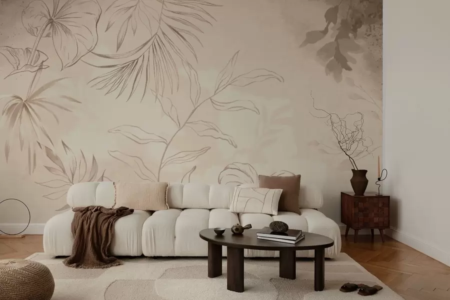 wall murals Linear plants on textured beige background w05128