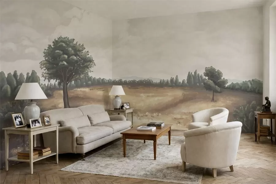 wall murals Painted landscape with trees and open field w05131