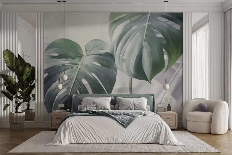 wall murals Textured monstera leaves large and green, against a soft, light abstract background w09477