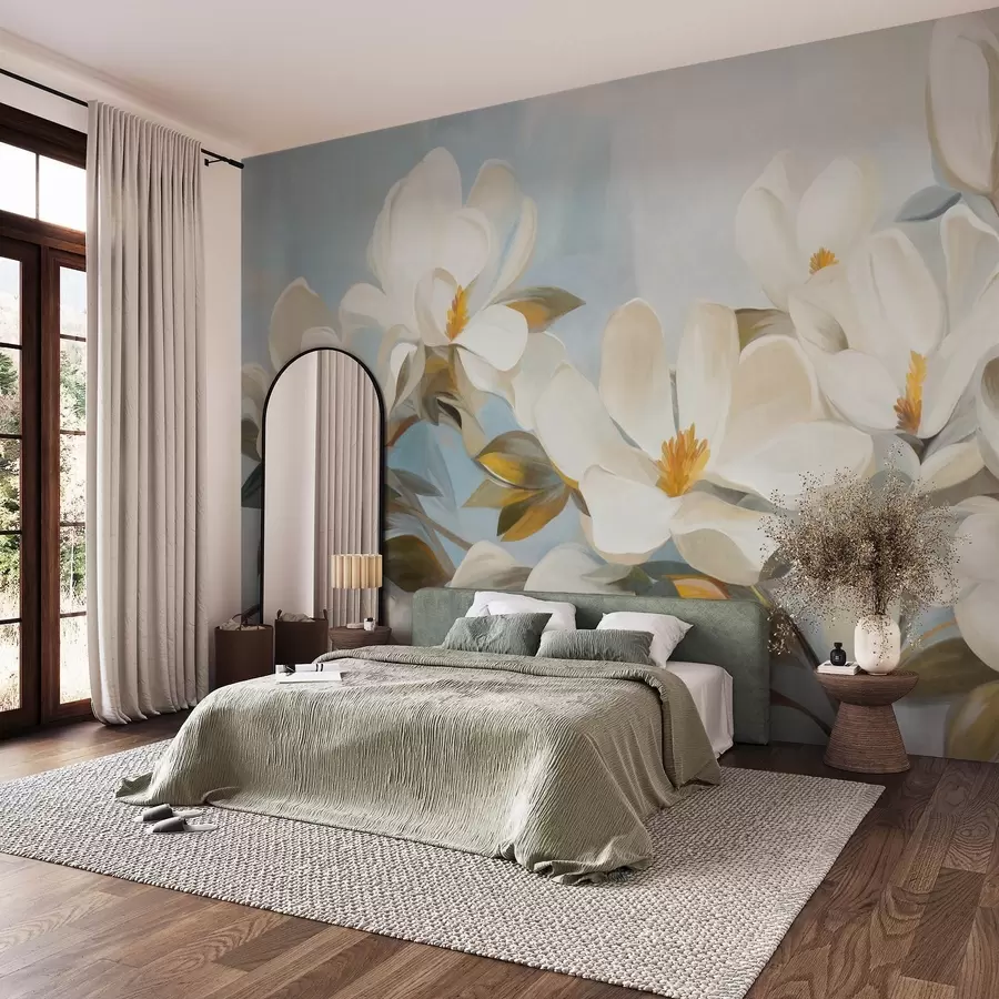 wall murals White magnolias with green leaves on a light blue background with abstract brushstrokes imitation w09478