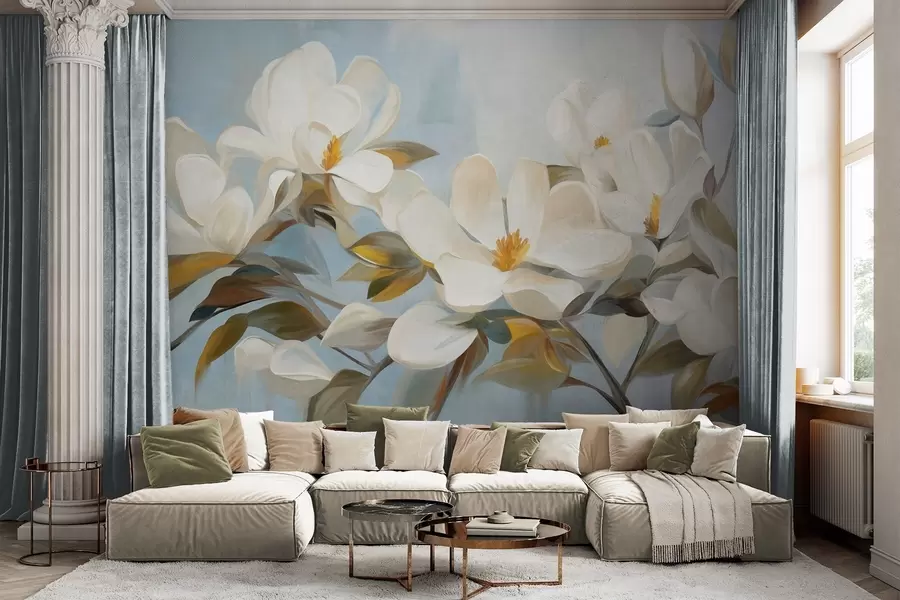 wall murals White magnolias with green leaves on a light blue background with abstract brushstrokes imitation w09478
