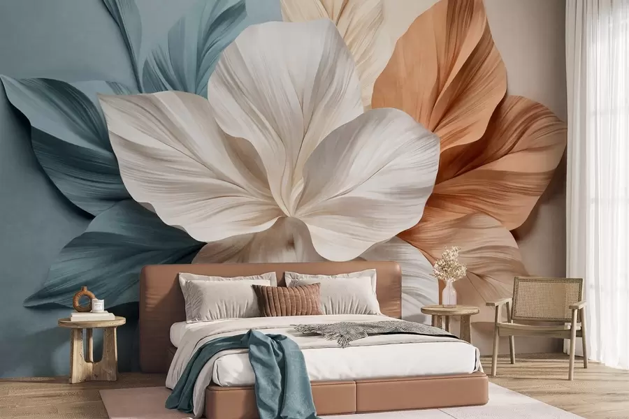 wall murals Abstract multi-petaled flower with textured leaves in shades of peach and blue, soft background w09604