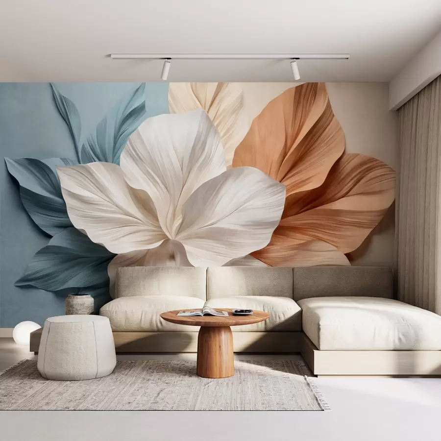 wall murals Abstract multi-petaled flower with textured leaves in shades of peach and blue, soft background w09604