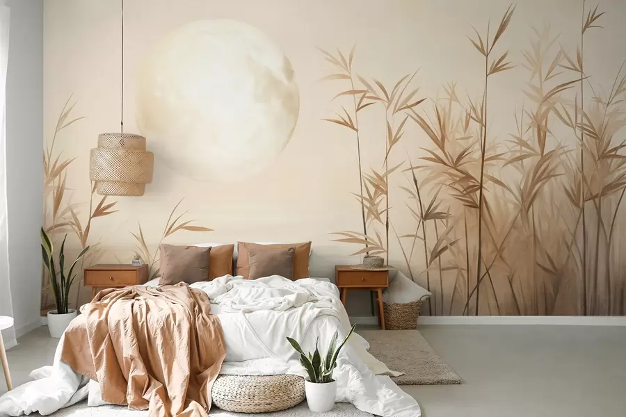 wall murals Textured landscape with tall reeds, lake and pale moon in a hazy sky w09631