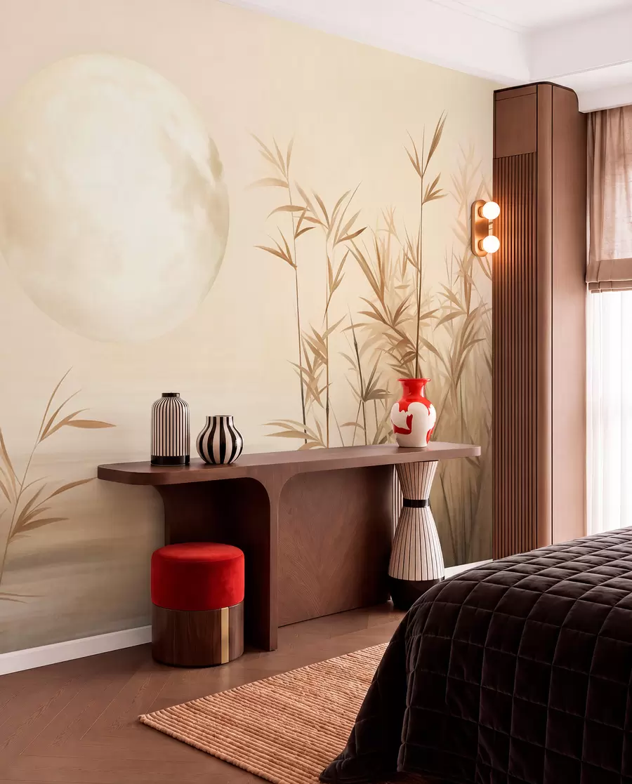 wall murals Textured landscape with tall reeds, lake and pale moon in a hazy sky w09631