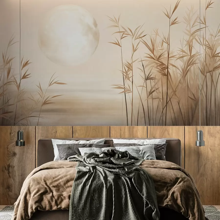 wall murals Textured landscape with tall reeds, lake and pale moon in a hazy sky w09631