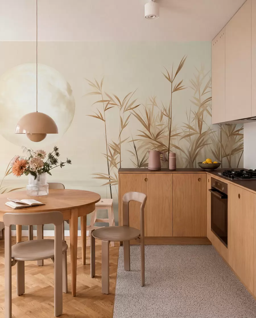 wall murals Textured landscape with tall reeds, lake and pale moon in a hazy sky w09631