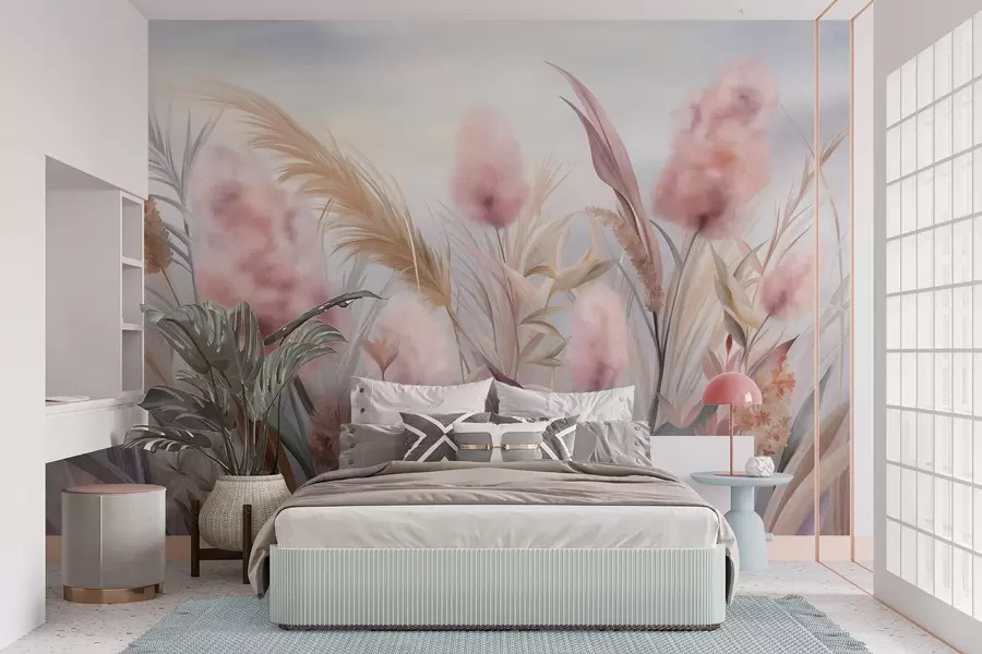 wall murals Pink and beige pampas grass and other dried flowers with a soft, hazy sky in the background w09635
