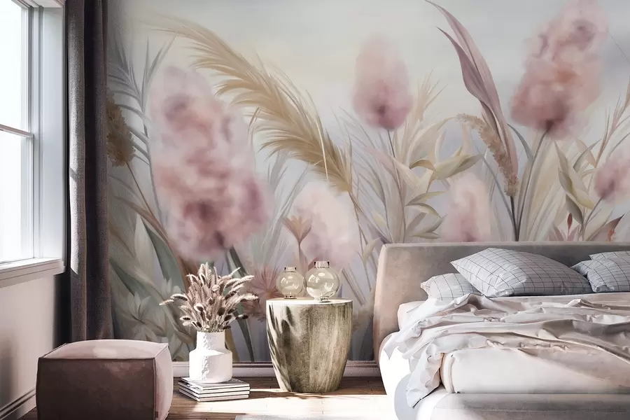 wall murals Pink and beige pampas grass and other dried flowers with a soft, hazy sky in the background w09635