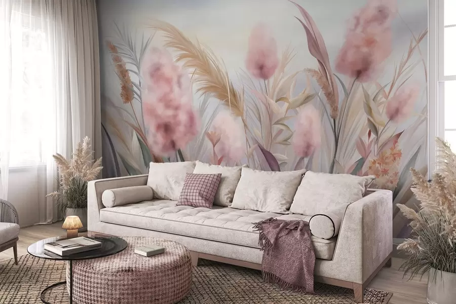 wall murals Pink and beige pampas grass and other dried flowers with a soft, hazy sky in the background w09635